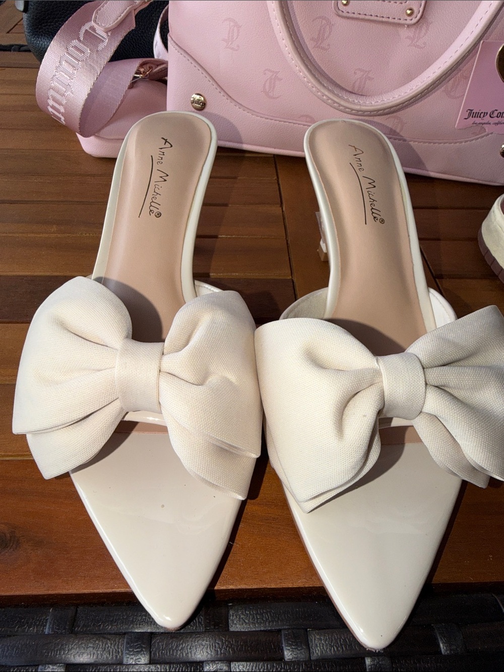 Anne Michelle Cream Patent Pointed-Toe Bow Mules